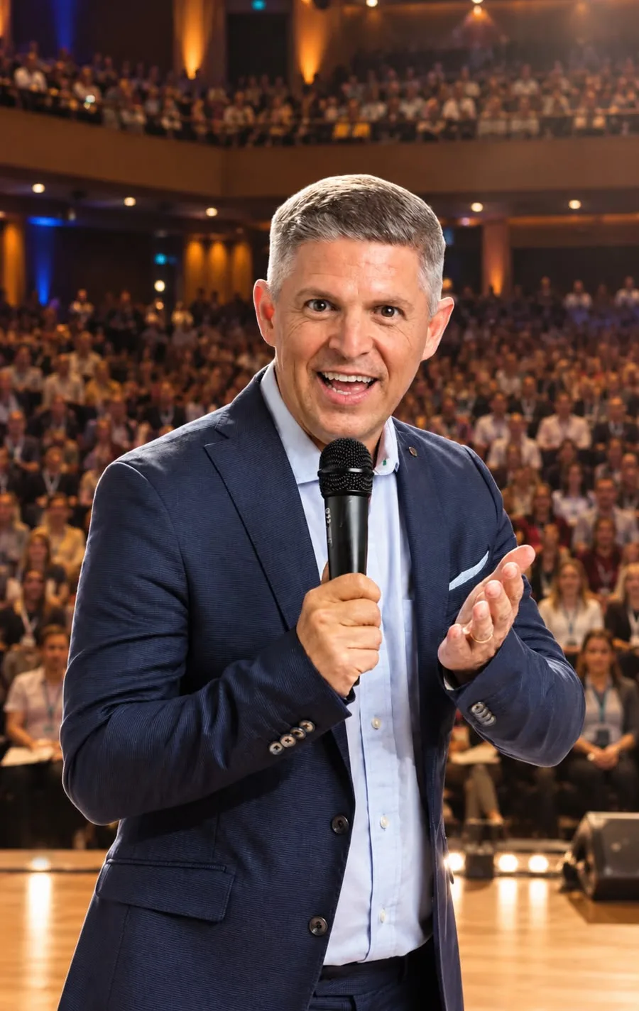 Erik Penna ao microfone no palco, com o auditório lotado de educadores ao fundo